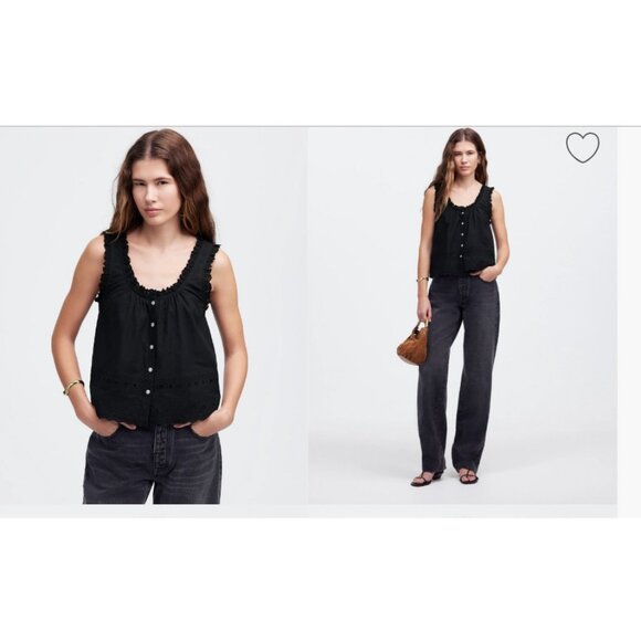 Madewell Tops - Madewell $78 Embroidered Ruffle Trim Top Black Size XS NU928
